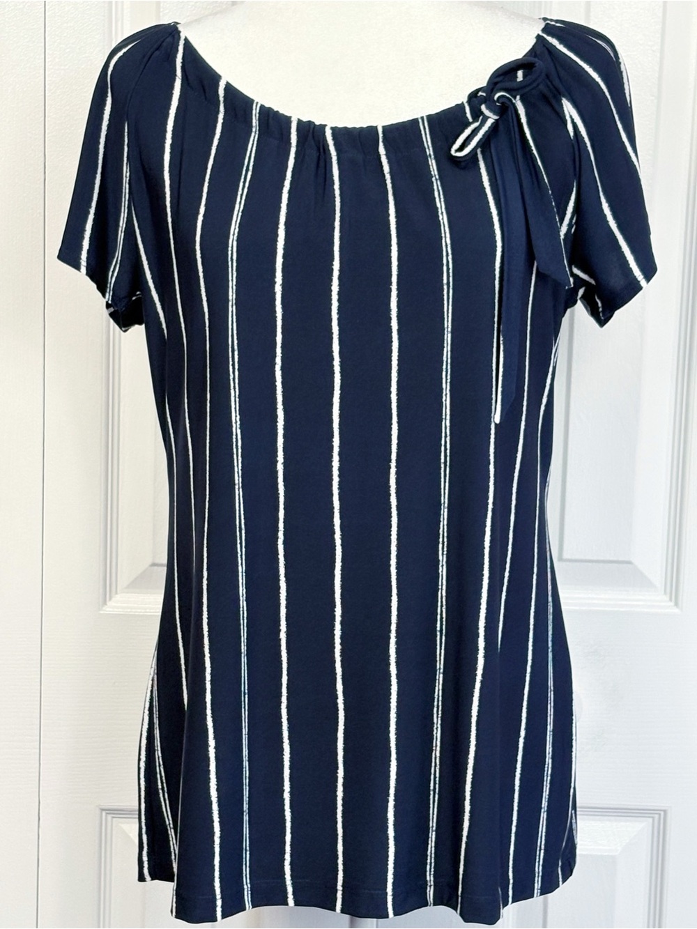 NWT Liz McCoy Navy Blue & White Stripe Tie Neck Short Sleeve Top XL